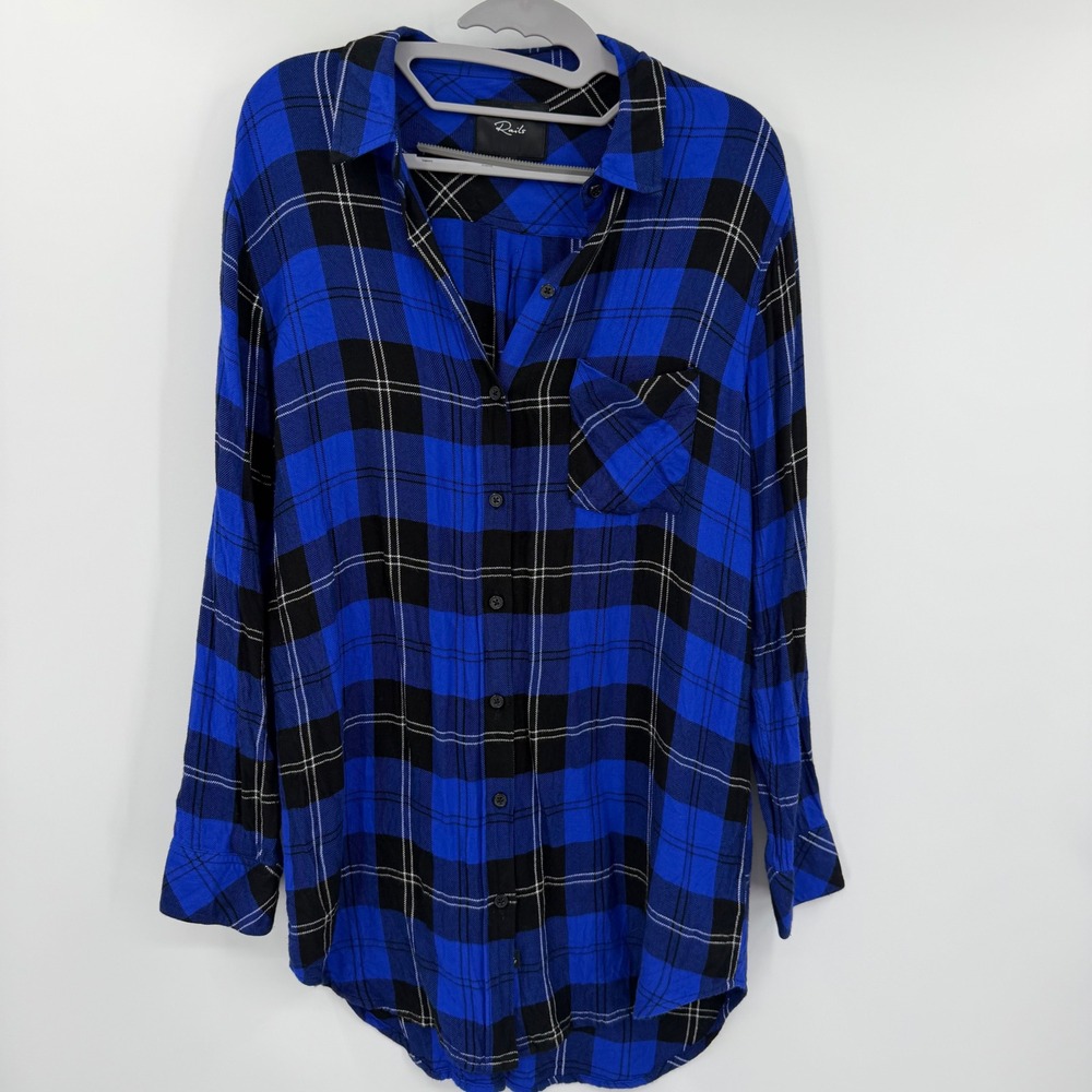 Rails Evelyn Cobalt Tartan Plaid Rayon Button Down Shirt Blue Black Medium